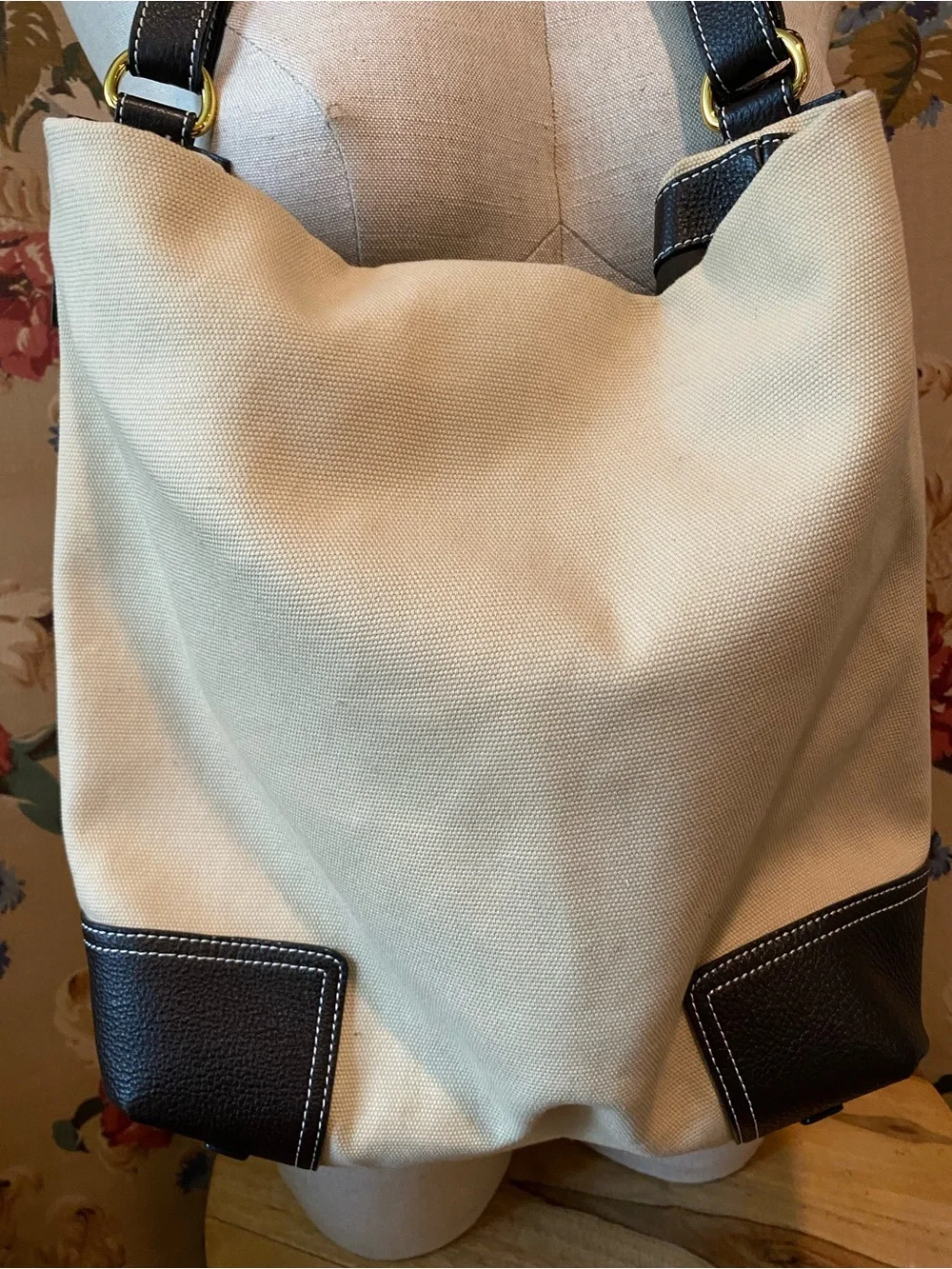 Loewe Cream Canvas Hobo with Black Leather Trim and Anagram